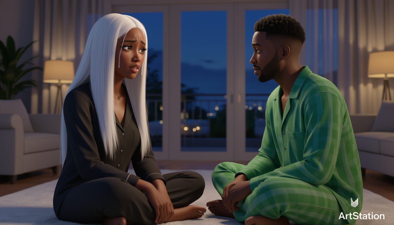 Fearful Woman Comforted by Man in Luxurious Apartment