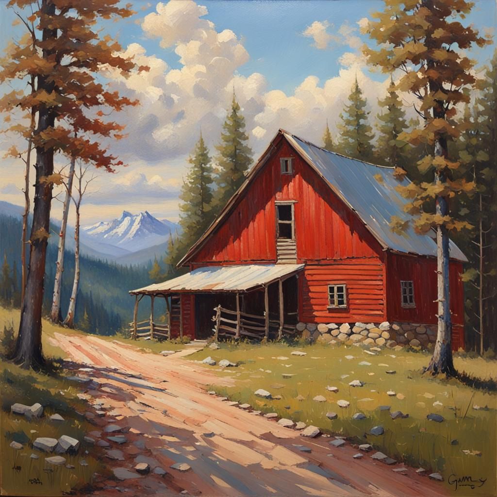 Cabin in Woods with Barn as Oil Painting