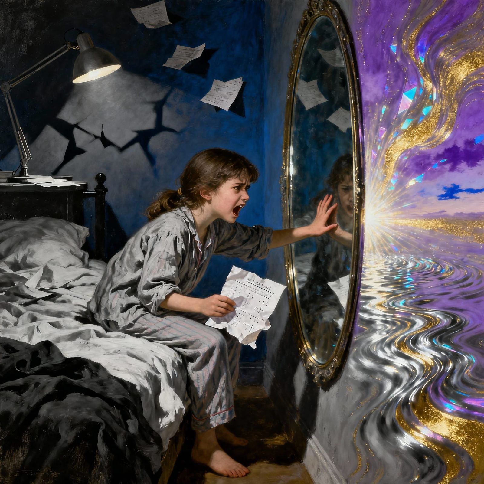 Girl Enters Magical Mirror Portal from Messy Room