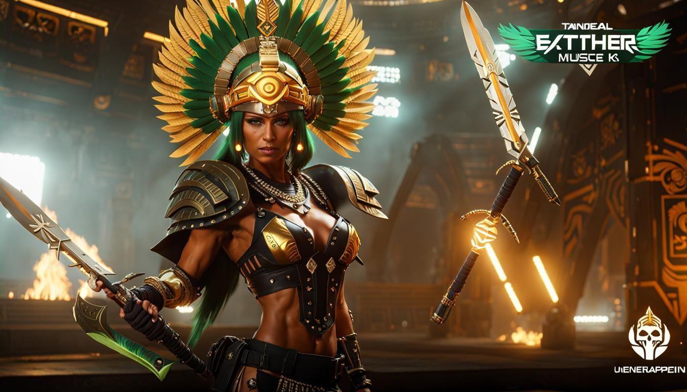 Aztec Warrior Woman with Flaming Sword in Cyberpunk Style