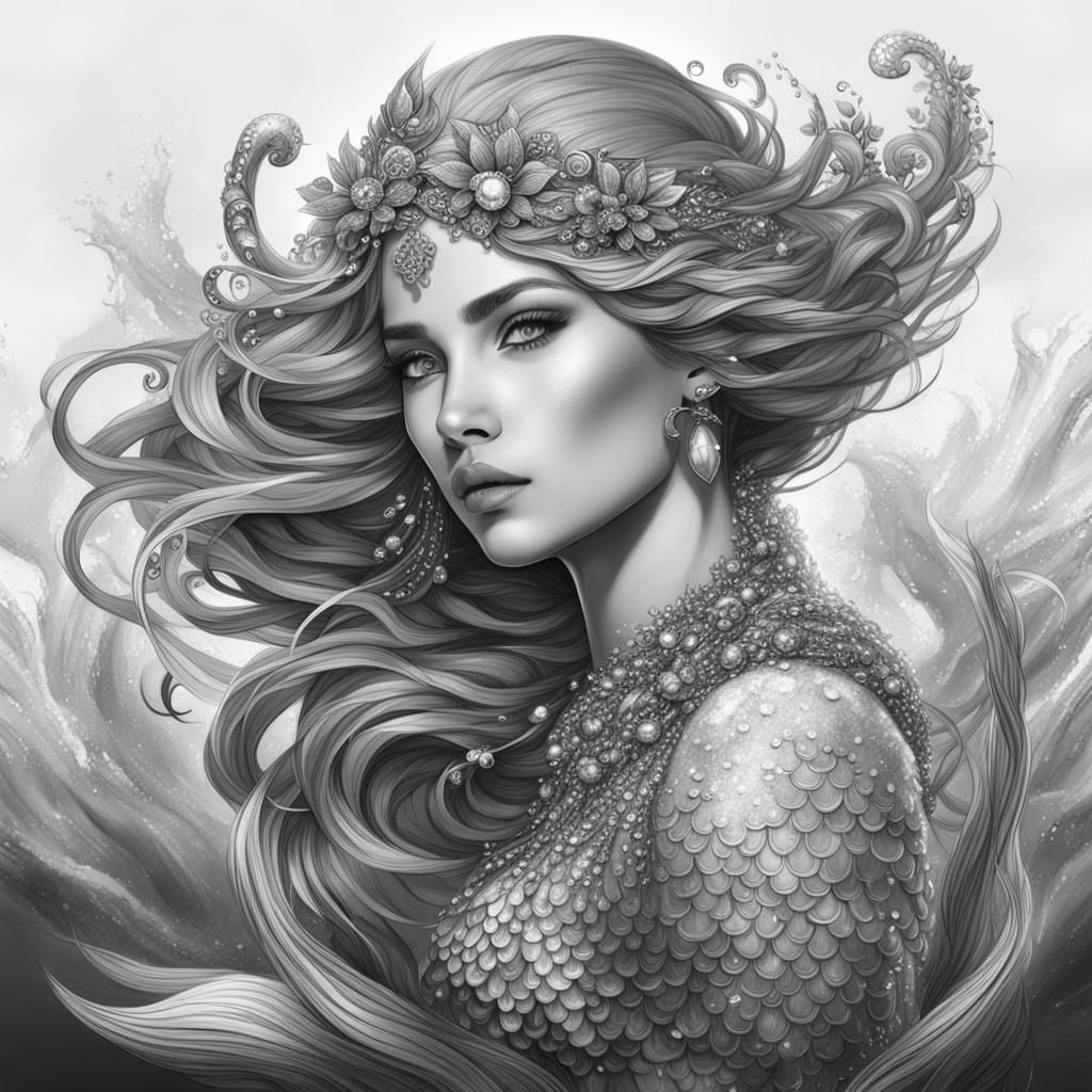Jeweled Mermaid in Black and White Drawing