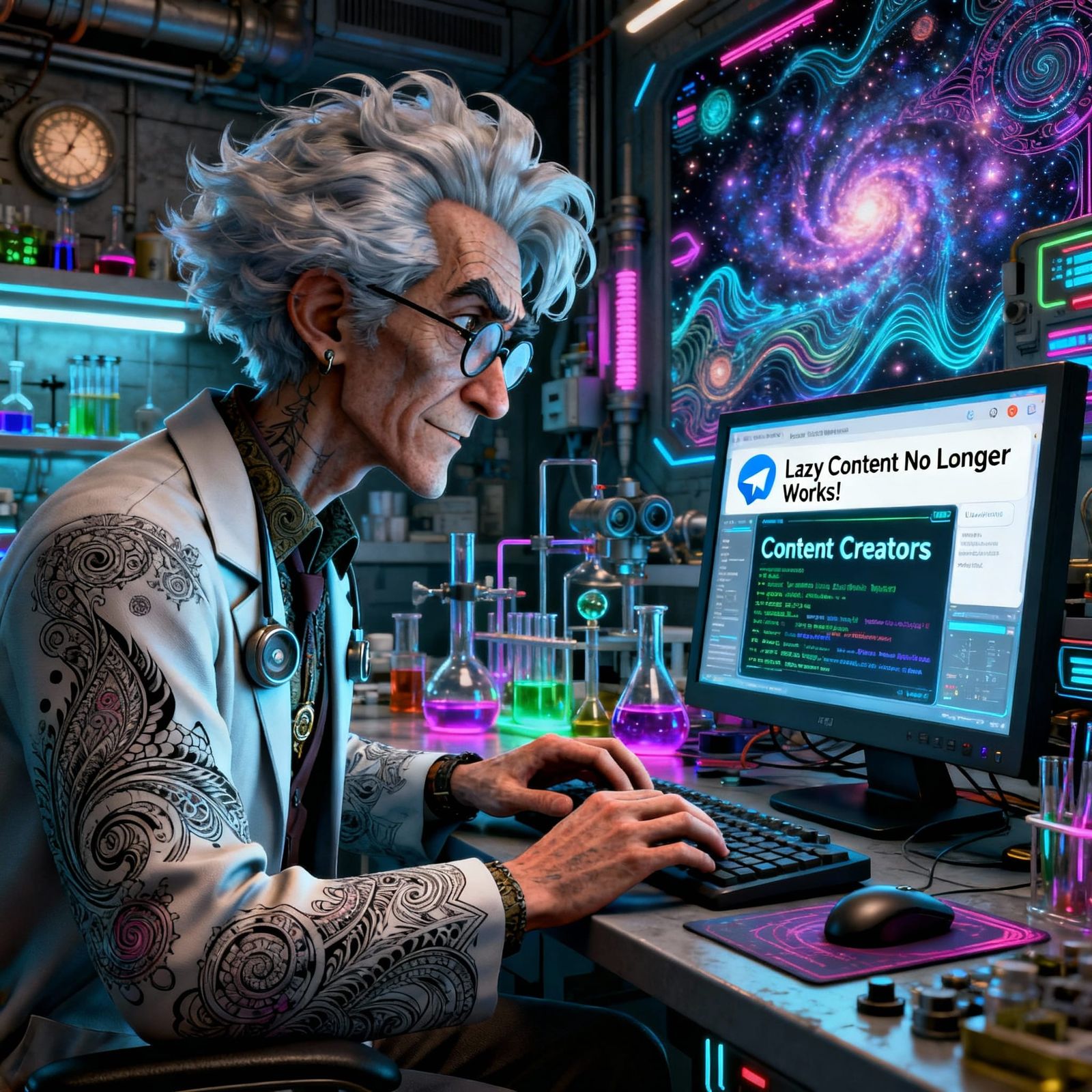 Mad Professor in Lab Analyzing Content Creator Data
