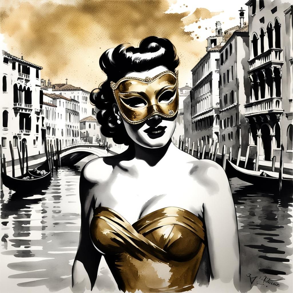 Venetian Pinup in Gold Mask: Watercolor Art