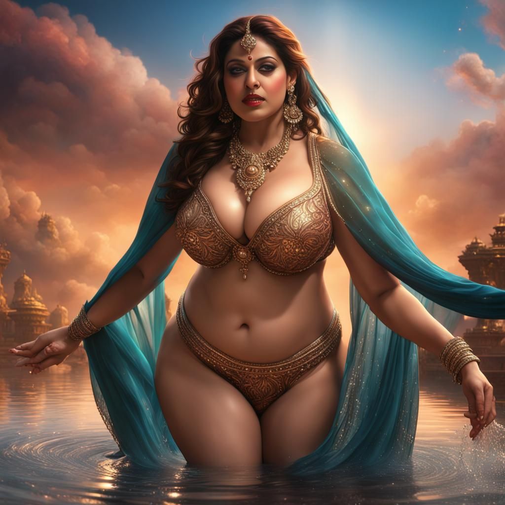 Curvy Woman in Satin Bikini: Detailed Digital Art