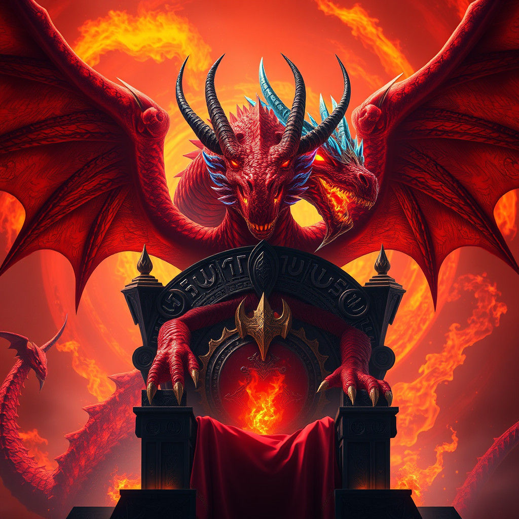 Fiery Red Dragon on Black Steel Throne