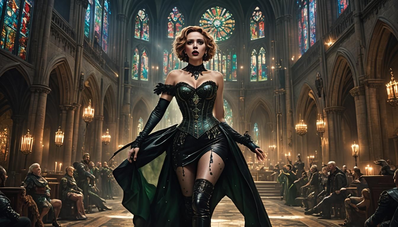 Gothic Burlesque Singer in a Star-Filled Cathedral