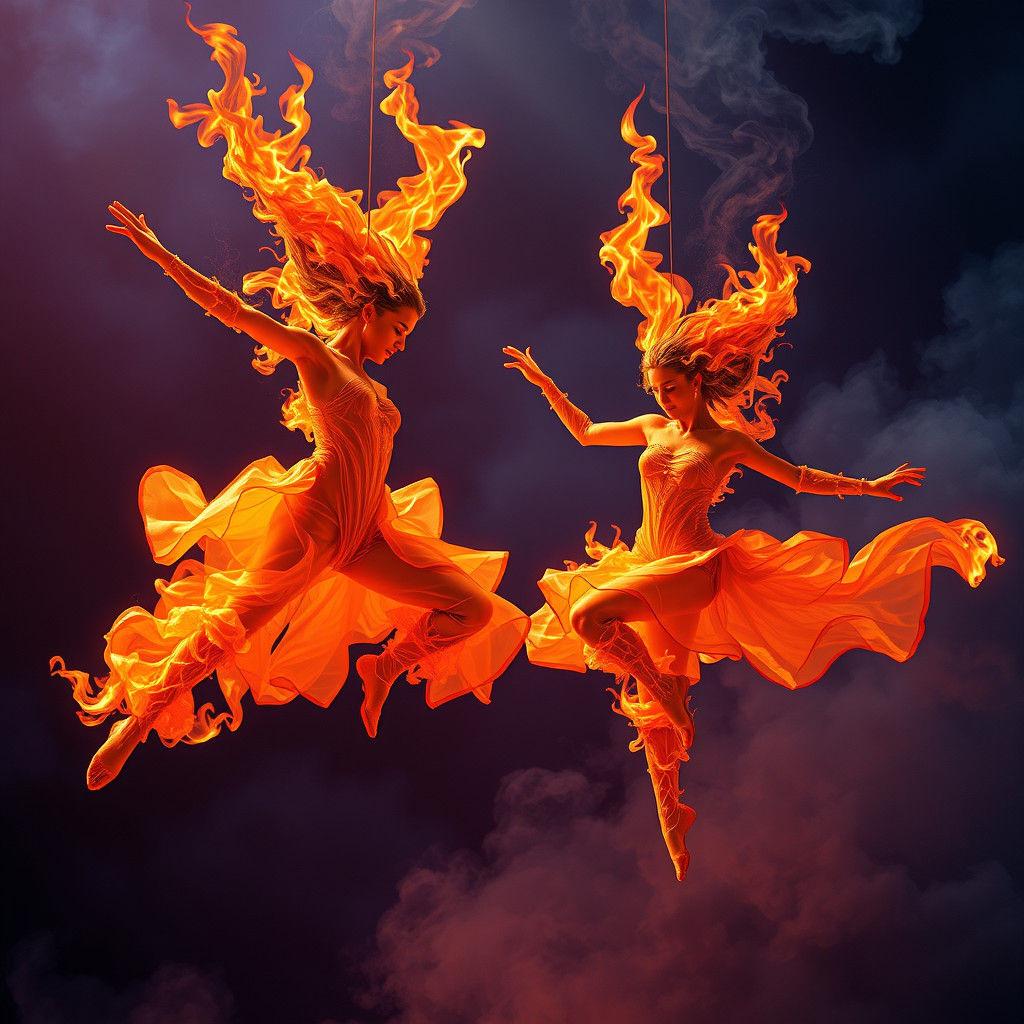 Fiery Dancers in Hypnotic Rhythm: Hyperrealistic HDR Image