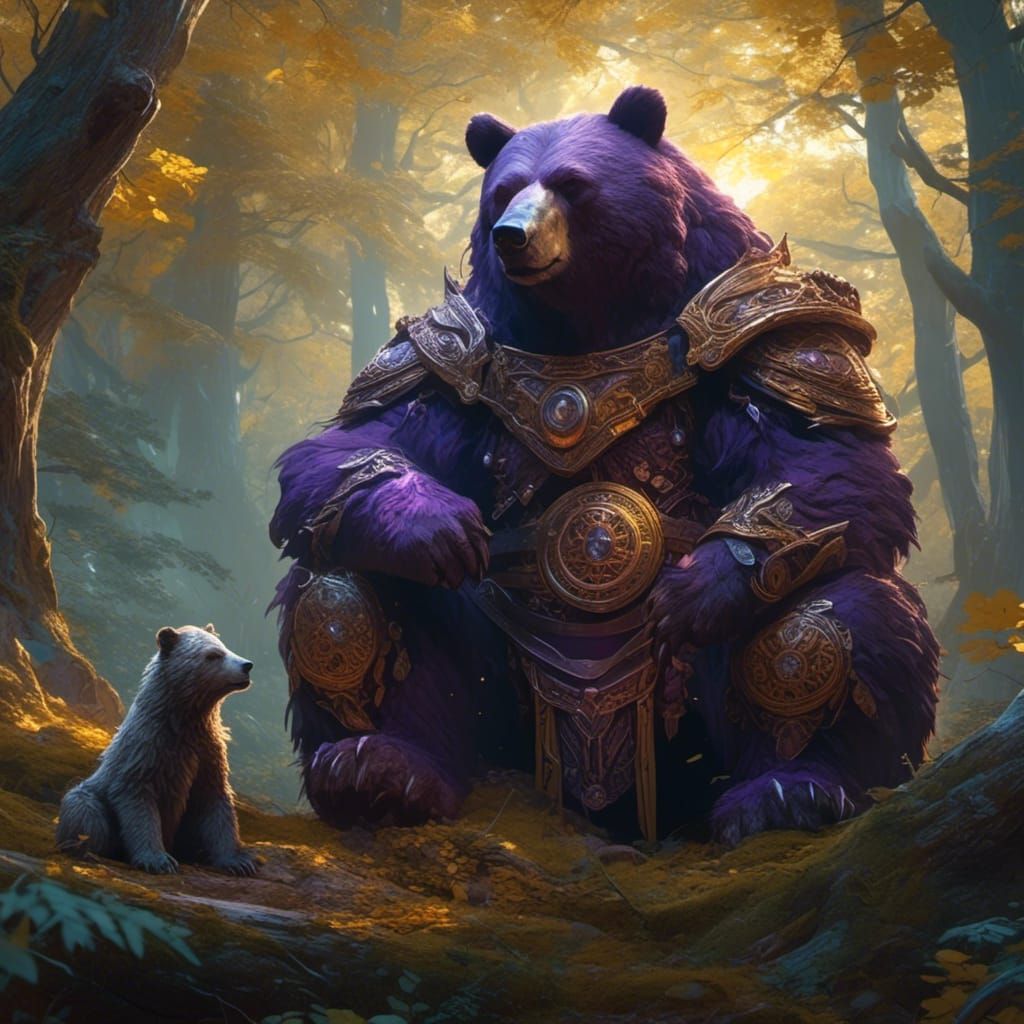 Armored Celtic Bear with Druid in Dark Forest