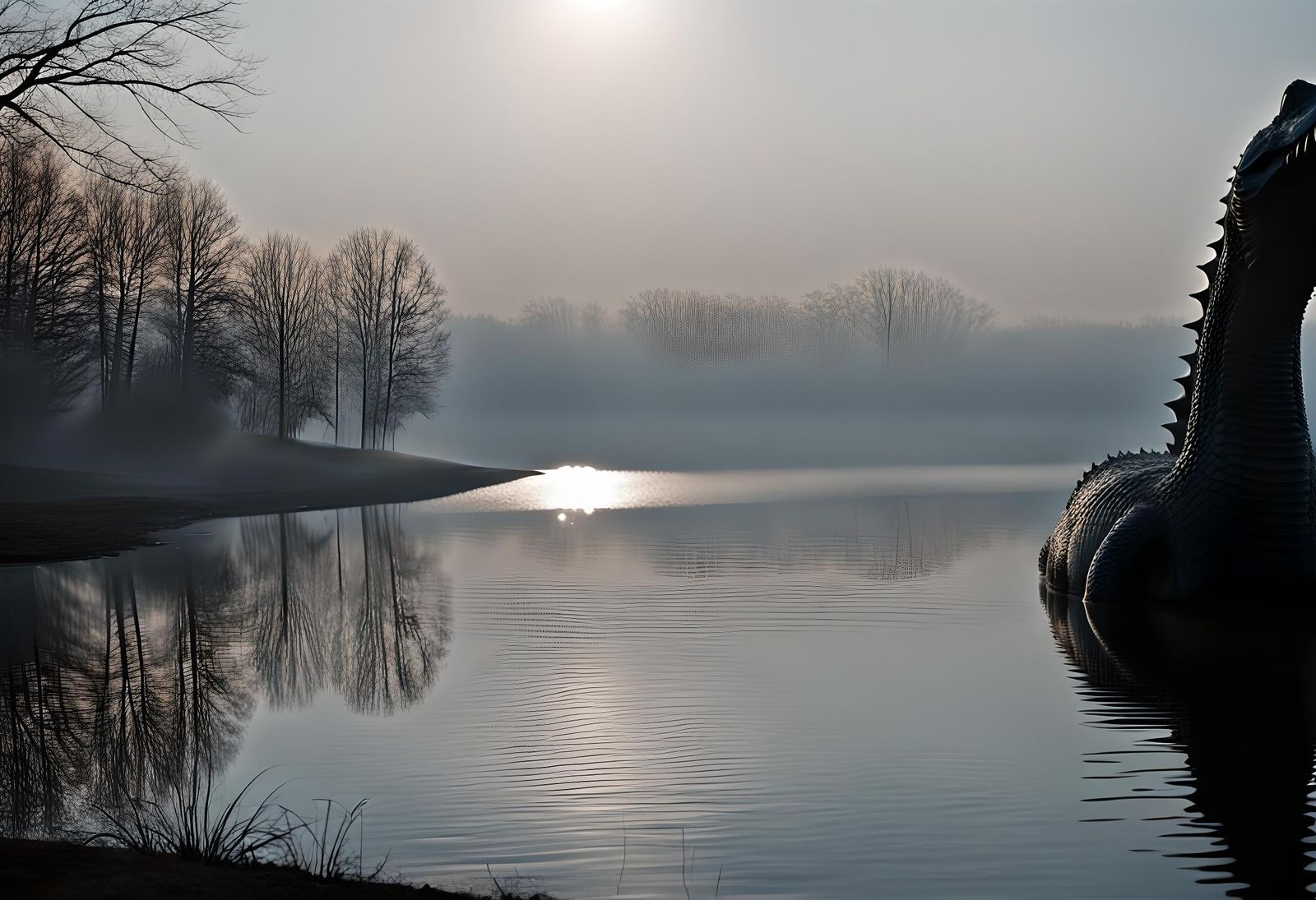 Eerie Lake Monster Emerges at Sunrise: Photorealistic