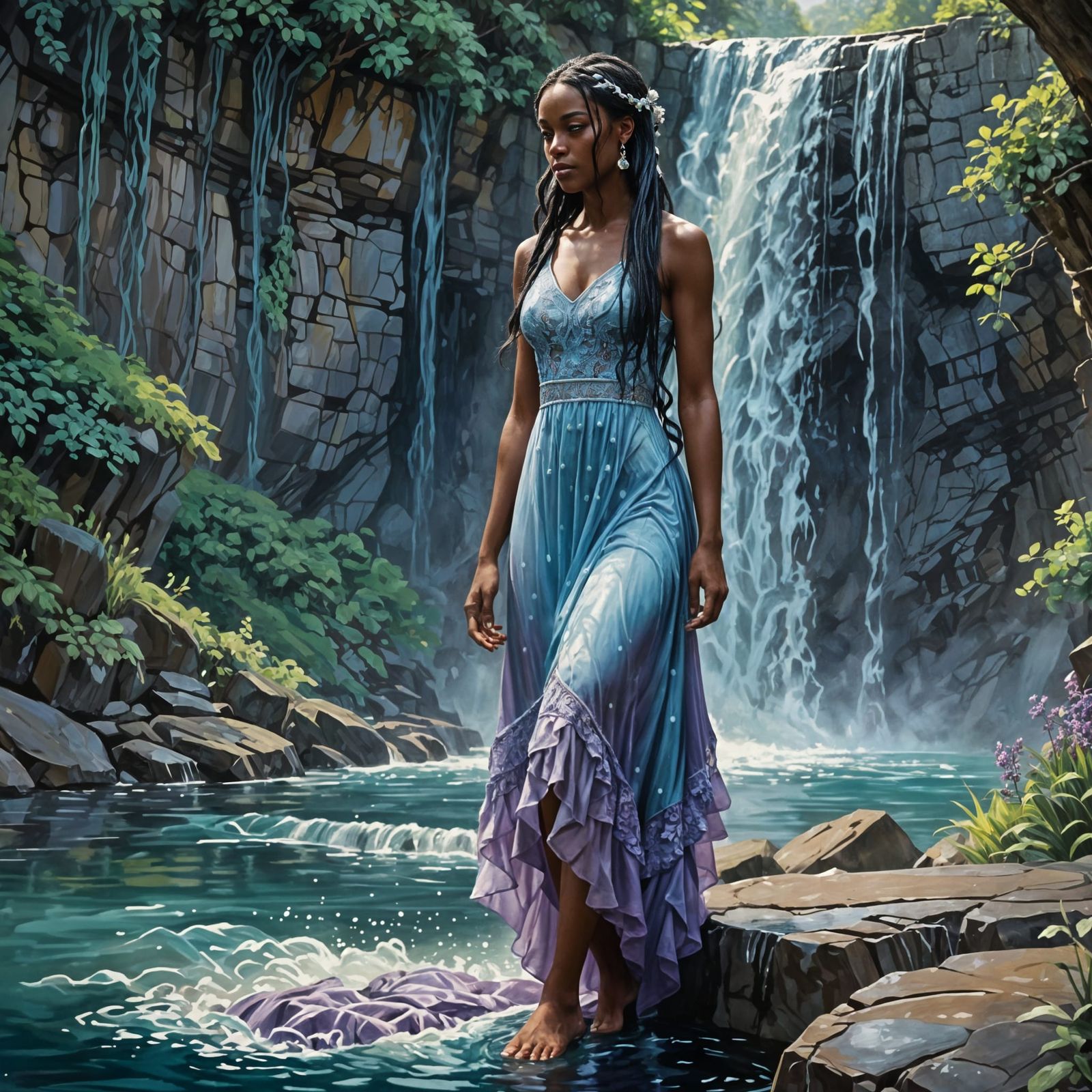 Ebony Woman at Waterfall in Impressionistic Style