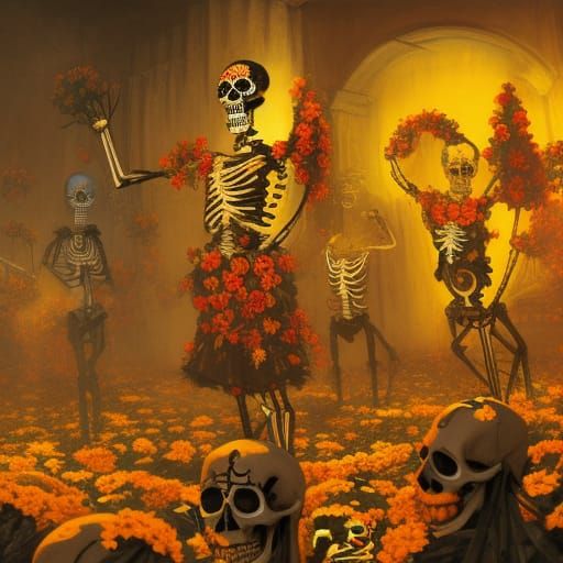 Día de los Muertos Skeletons Dance, Hyperdetailed Concept Ar...