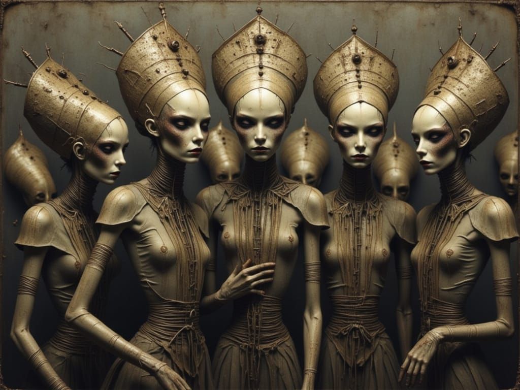 Mystical Ritual with Bizarre Hats in Surreal Style