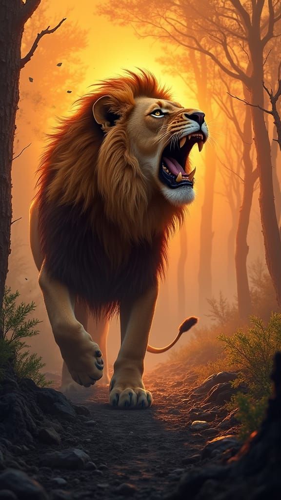 Lion Roars at Sunrise in Burnt Forest