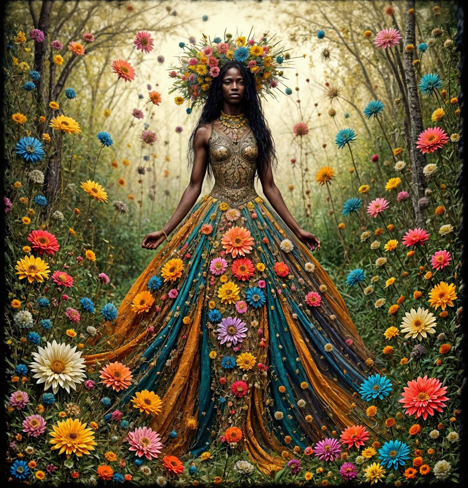 Man in Floral Geometric Gown Merging with Forest