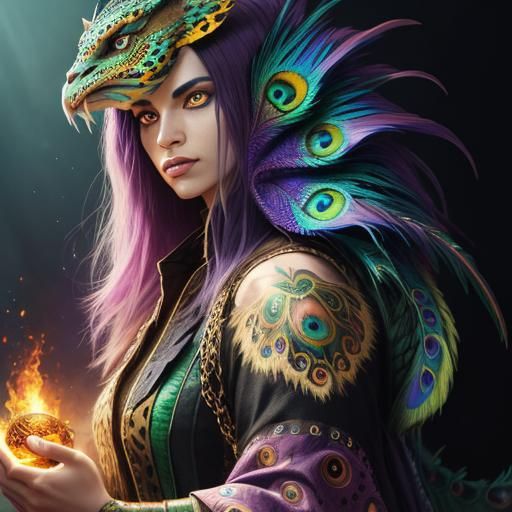 Fantasy Woman with Dragon Scales and Peacock Hair