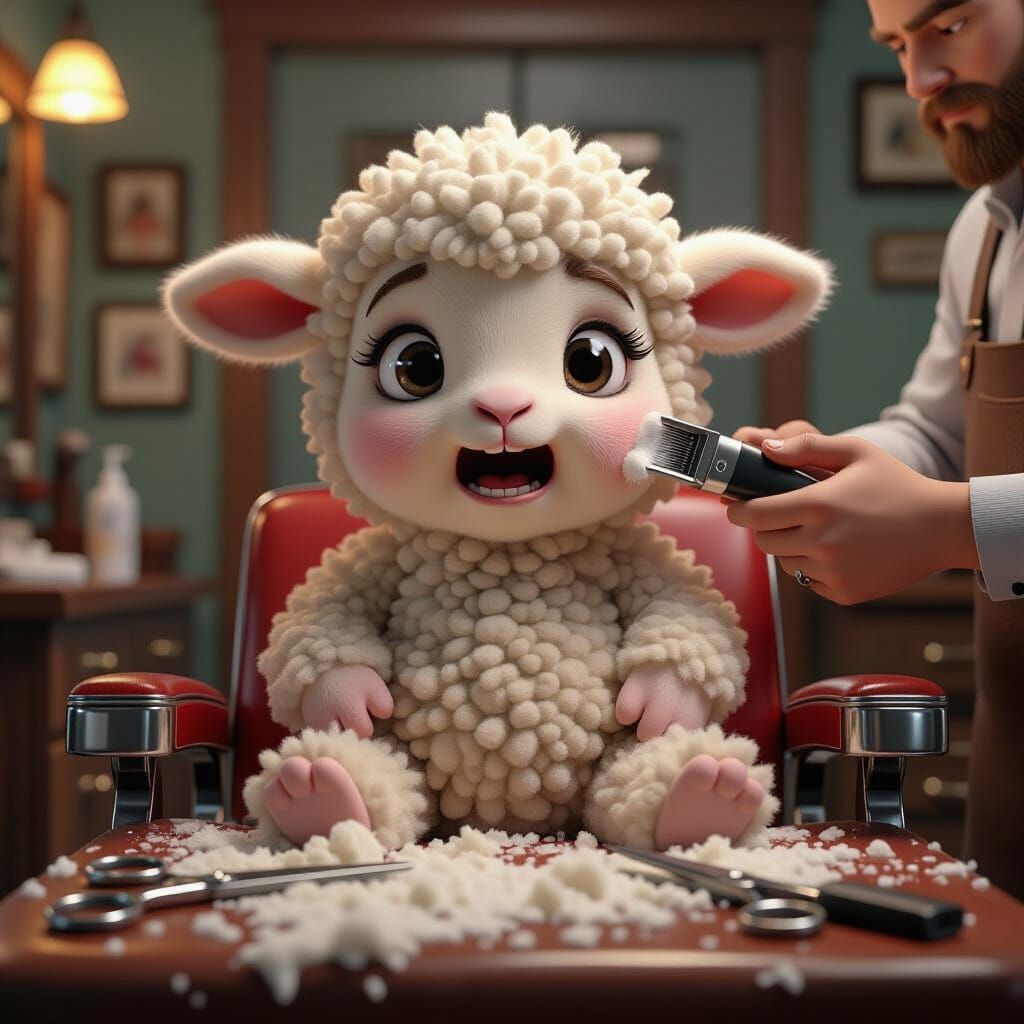 Terrified Lamb's Close Shave: Hyper-Realistic 3D Render
