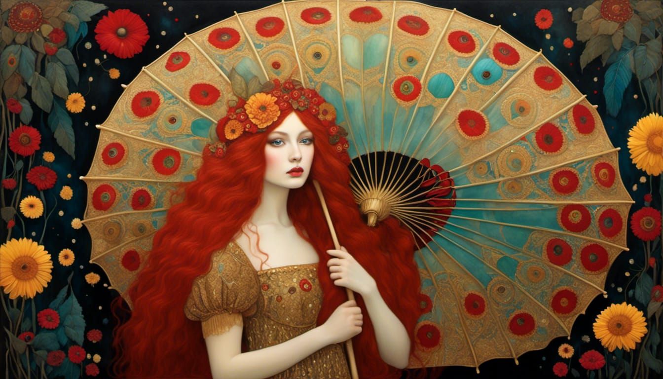 Pre-Raphaelite Beauty with Parasol in Klimt Style