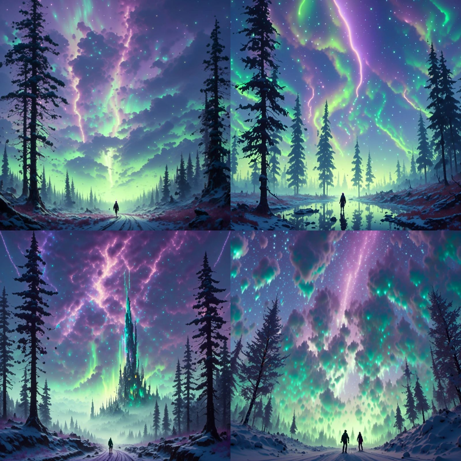 Northern lights in a snowy forest with stars visible in the sky III