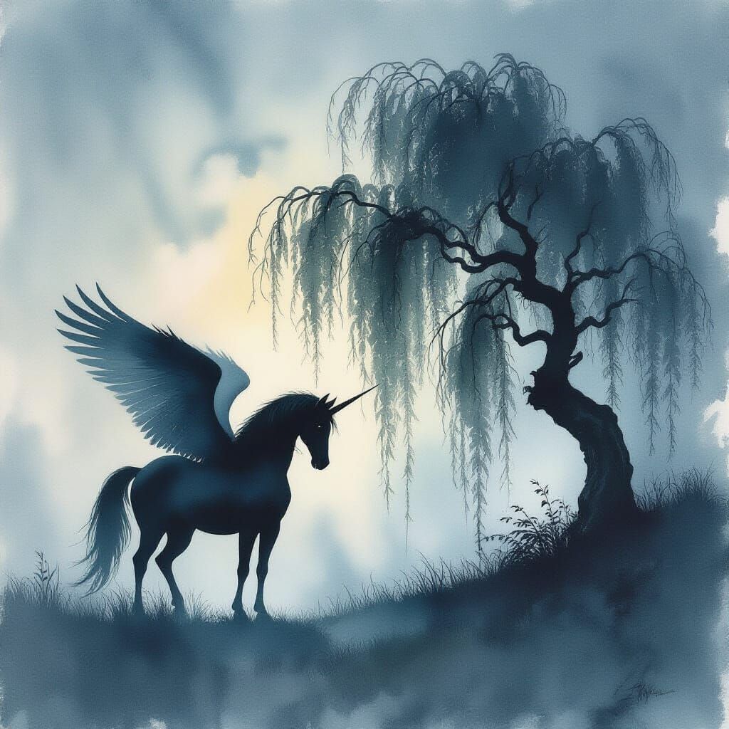 Majestic Pegasus Silhouette in Haunting Watercolor Style