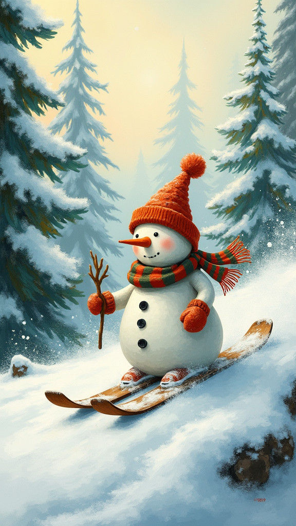 Snowman Skiing in Winter Wonderland, Fantastical Art Style