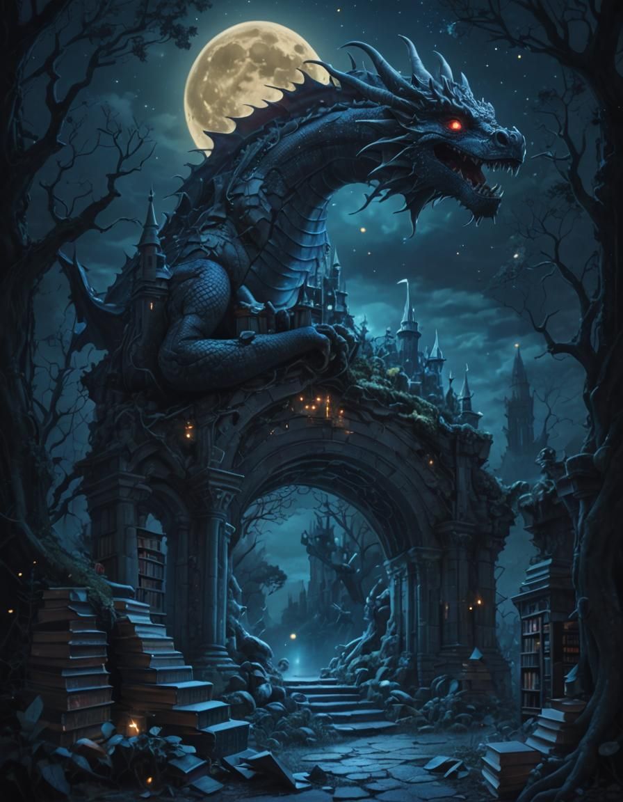 Dragon in Castle Ruins Under Mystical Moonlight