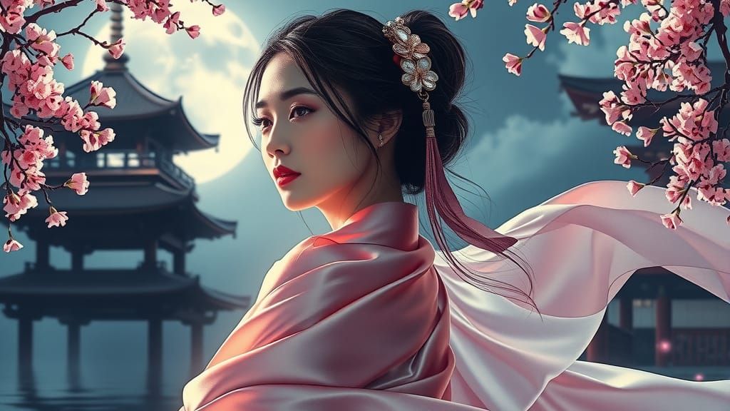 Sensual Asian Beauty in Ethereal Moonlit Silk