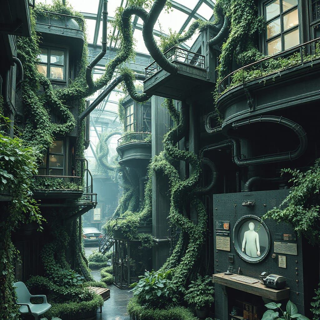 Abandoned Futuristic Factory Shrouded in Vines