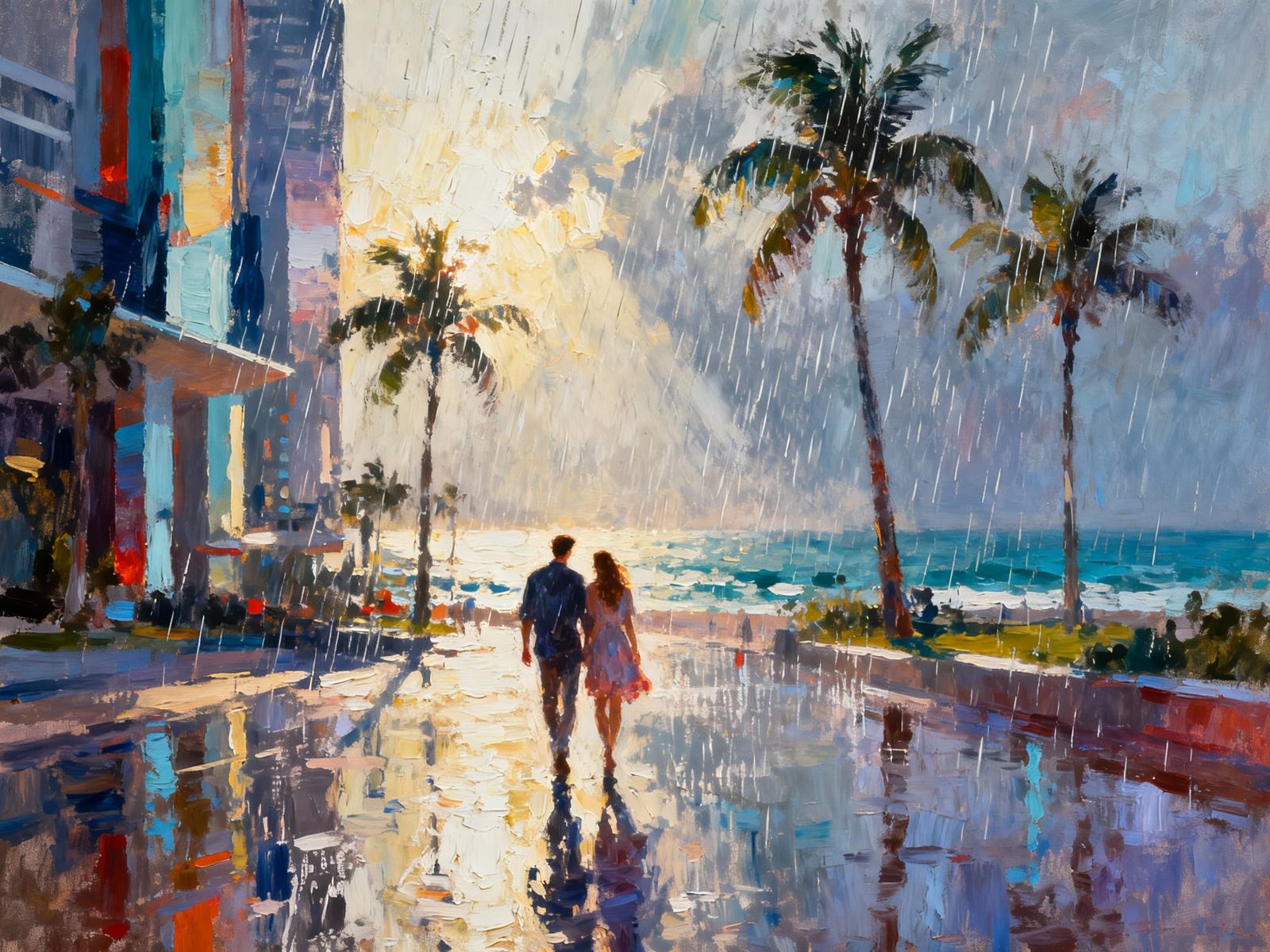 Romantic Couple in Rainy Cityscape Oil Painting