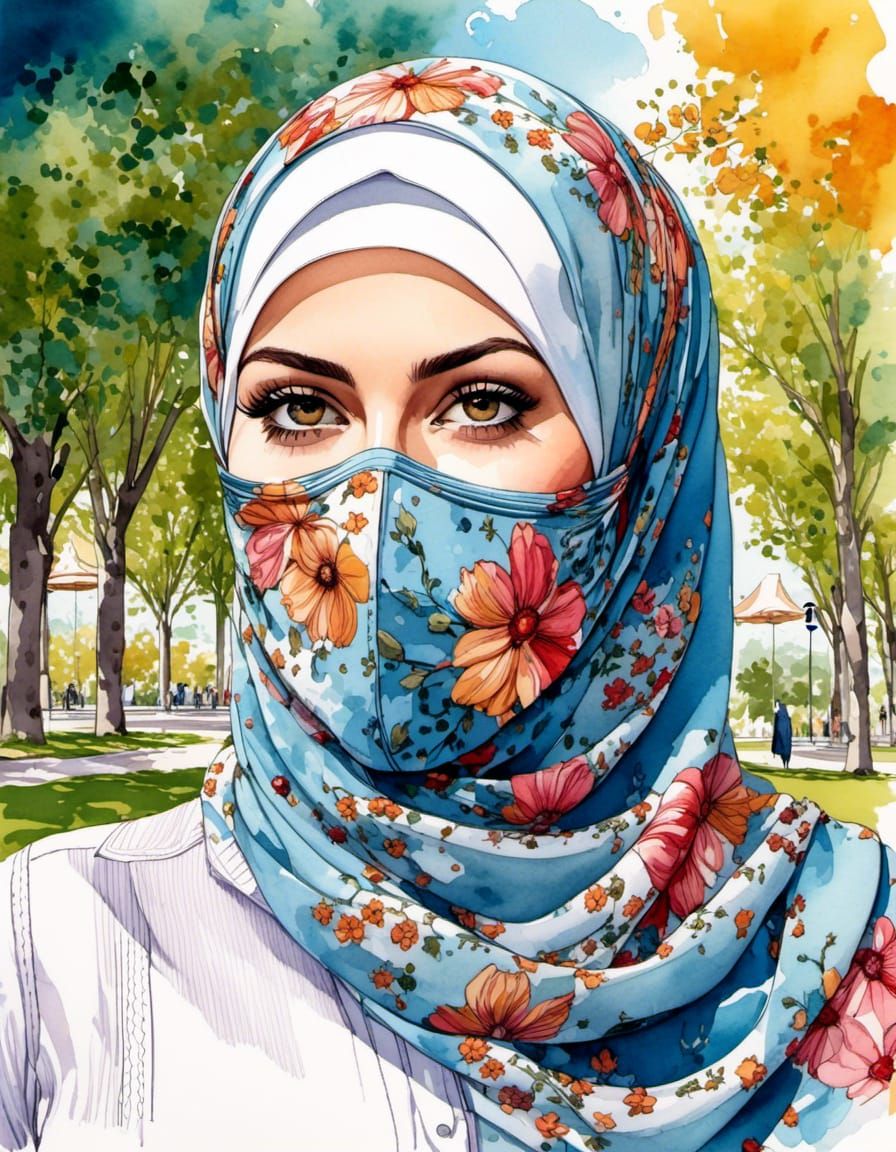 Portrait of a Woman in Hijab, Watercolor Style