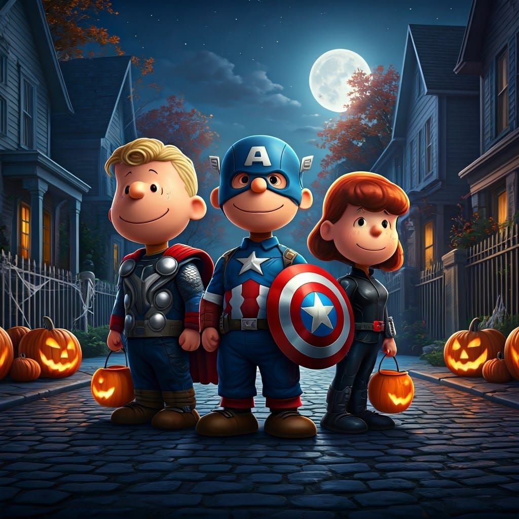 Peanuts Gang as Avengers on Halloween Night