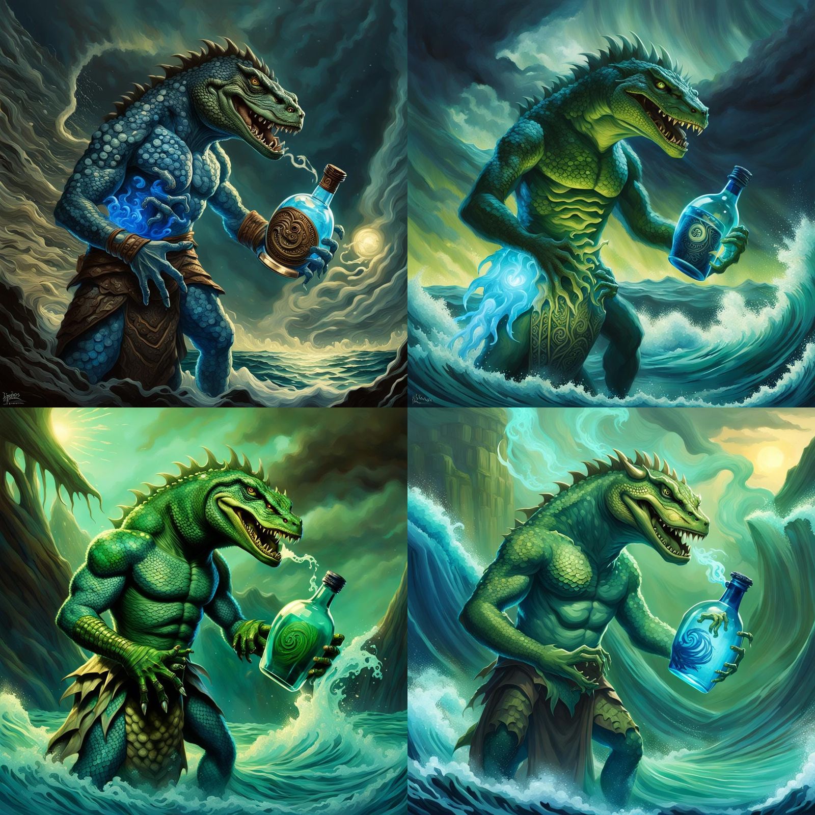 Mystical Lizardman Casting Spell with Tidal Wave