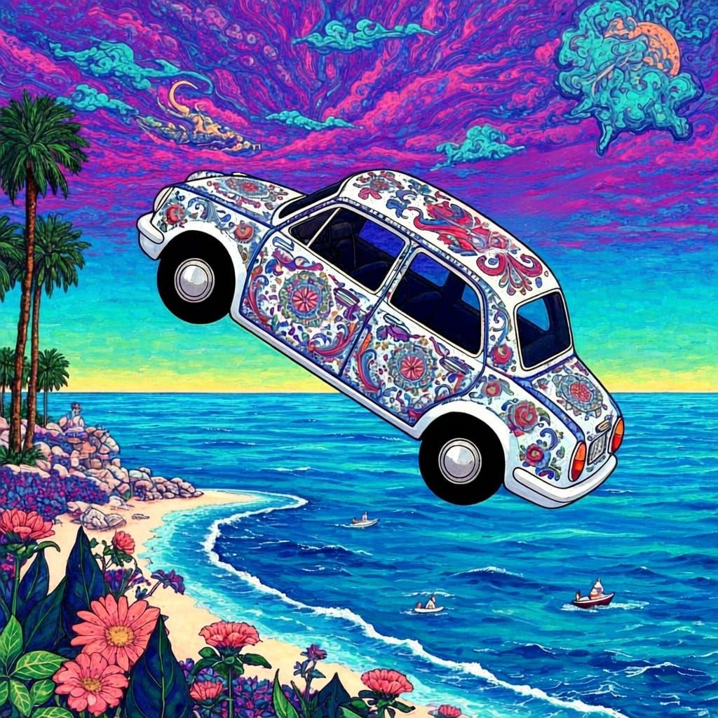 Talavera Car Near Sea in Psychedelic Surreal Style