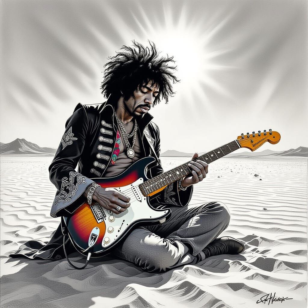 Jimi Hendrix in Desert: Expressive Pencil Sketch