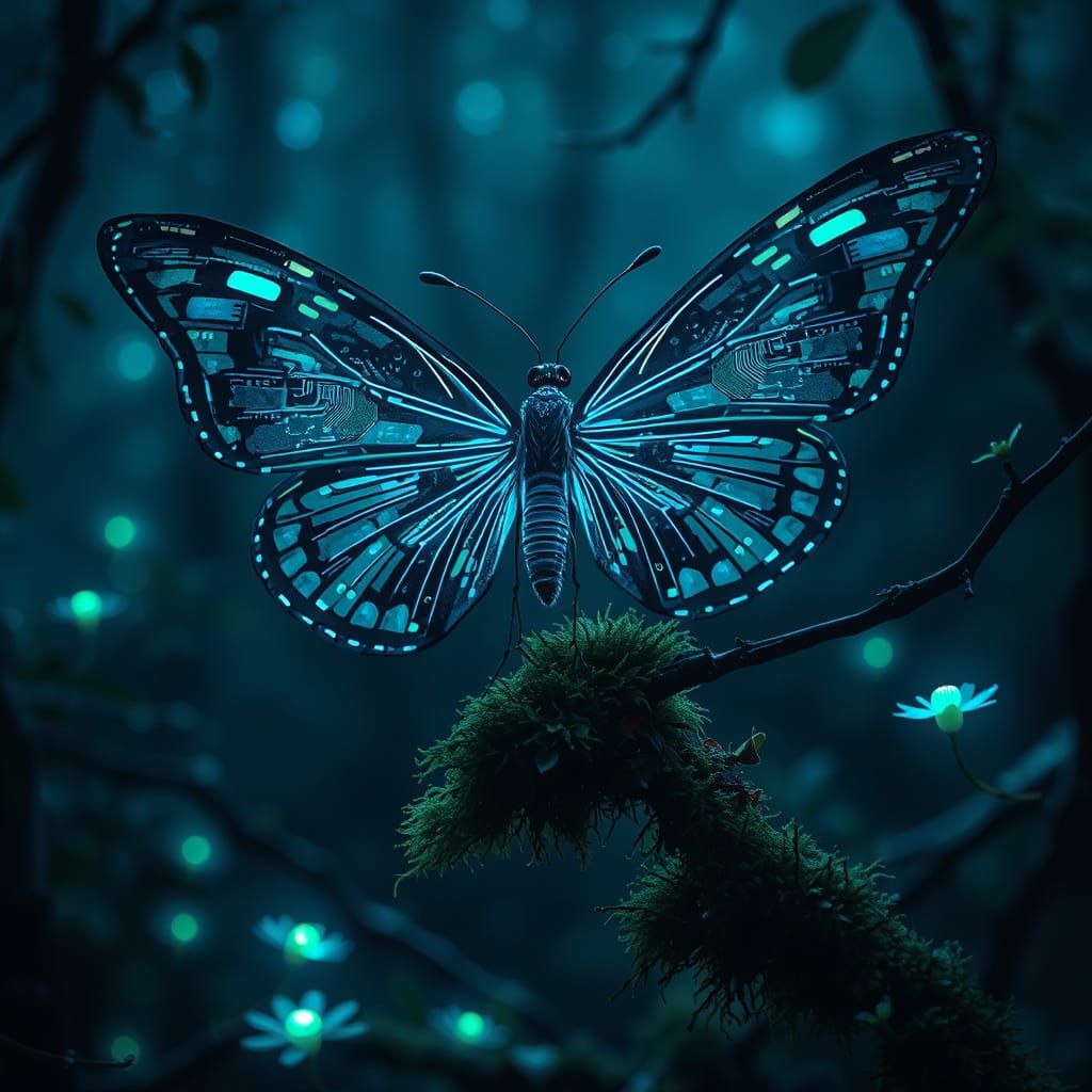 Circuit Board Butterfly in Ethereal Forest, Art Nouveau Styl...