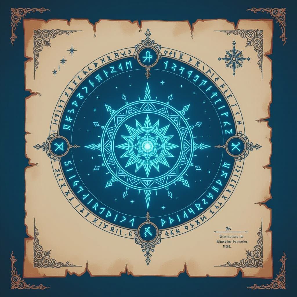 Mystical Realm Blueprints with Glowing Runes