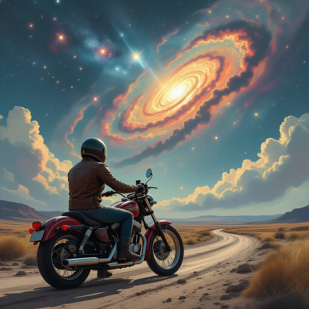 Motorcycle Rider Gazing at Cosmic Sky