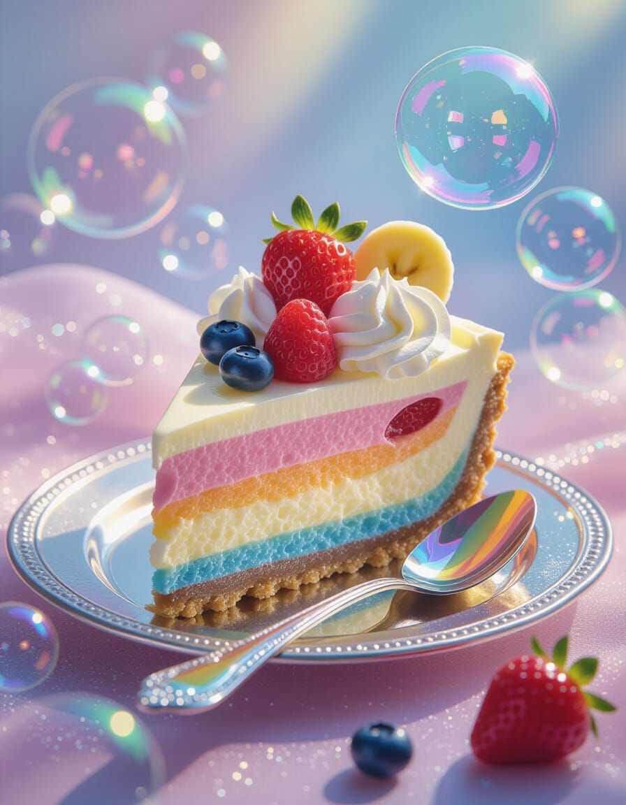 Rainbow Cheesecake Slice with Watercolor Bubble Background