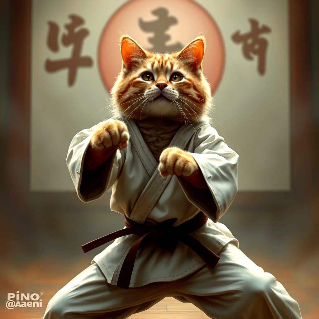 Cat Karate master performing a kata, traditional dojo background