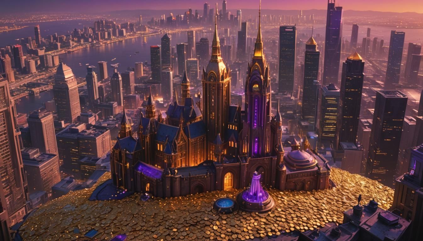 Fantasy Cityscape with Key and Gold Coins