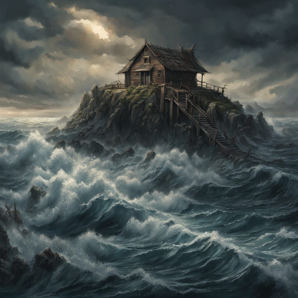 Colossal Ancient Barn on Cliff Overlooking Stormy Sea