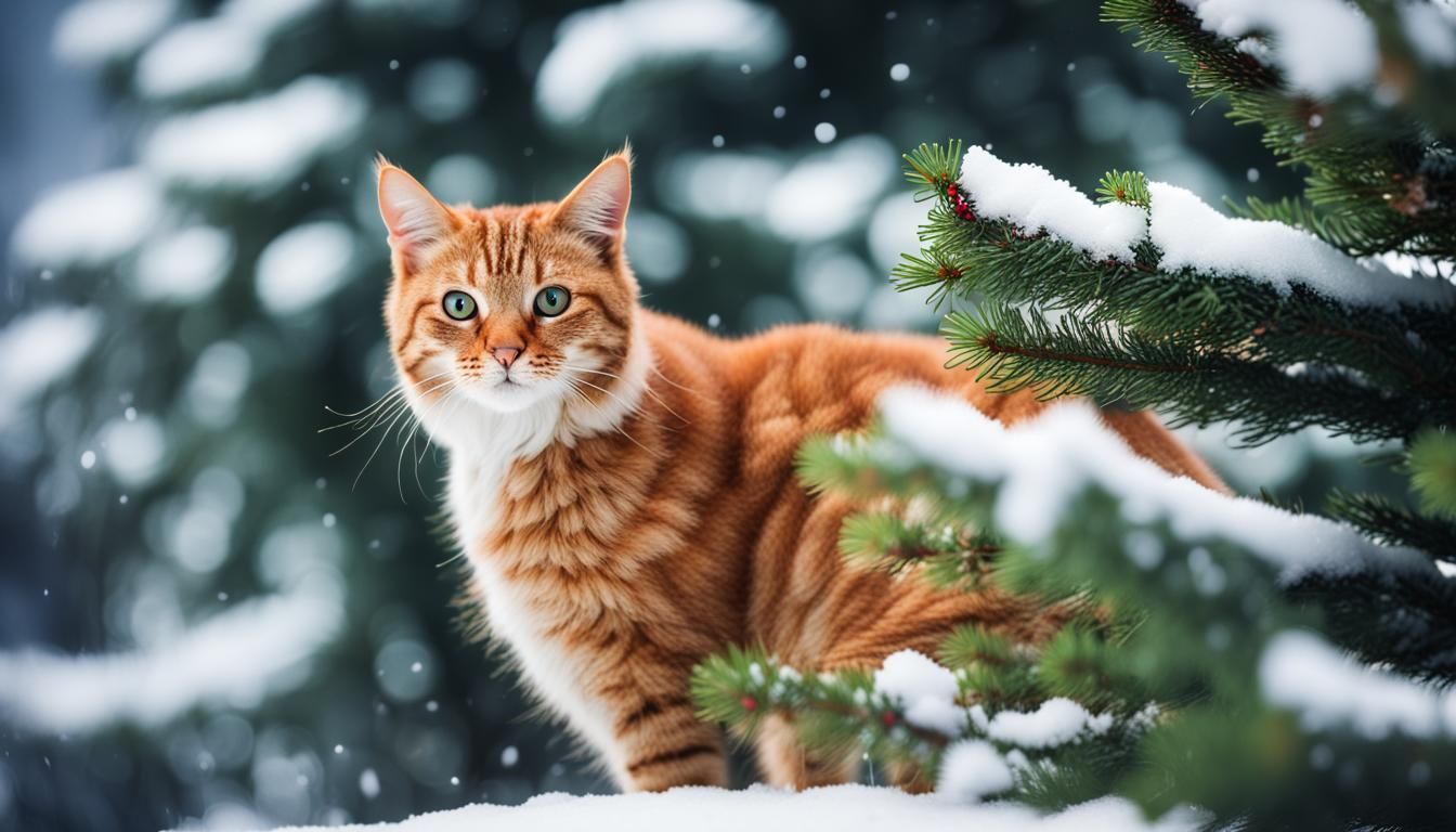Cat in Snowy Fir Tree: Professional Photography