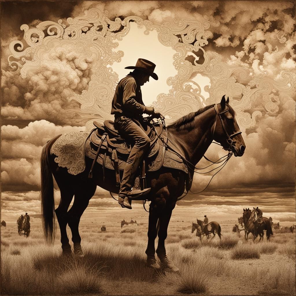 Cowboy Sleeps Through Storm: Sepia Zentangle Art