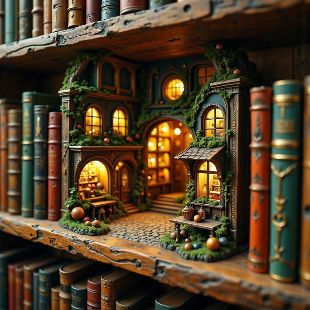 A book nook diorama installed between books on a wooden bookshelf