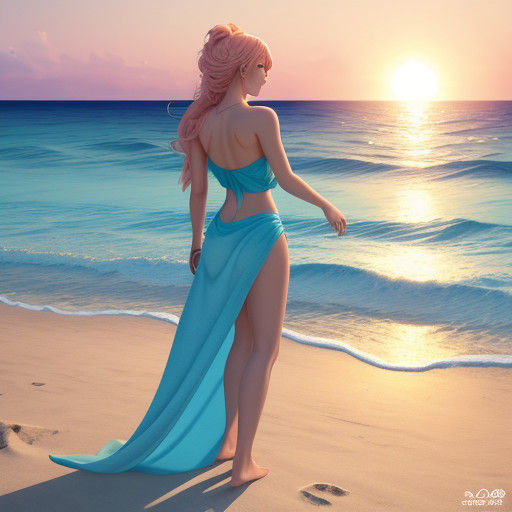 Vibrant 3D Anime Art of a Young Woman on a Sandy Beach
