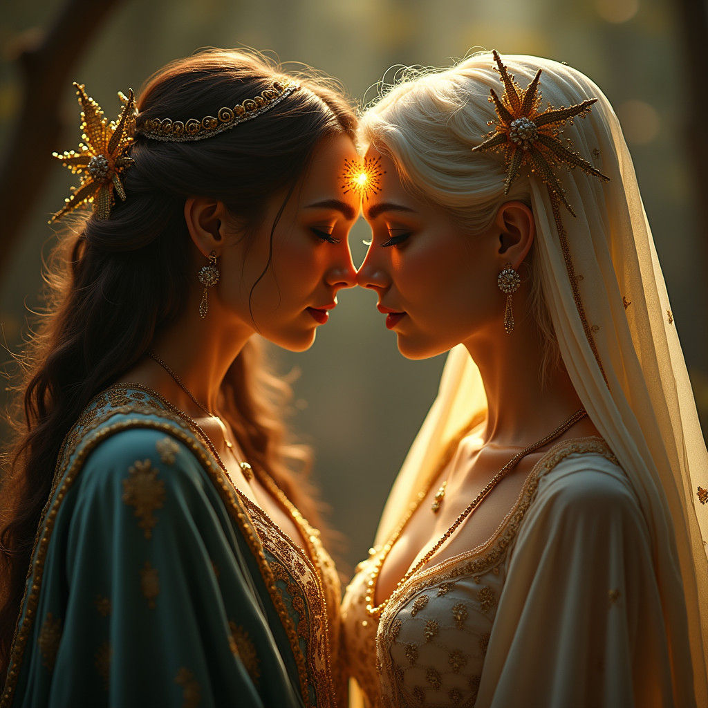 Ethereal Moon and Sun Embrace in Golden Light