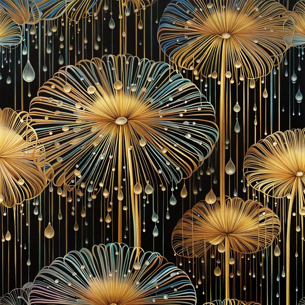 Translucent Dandelion with Rainbow Lines and Dew Drops