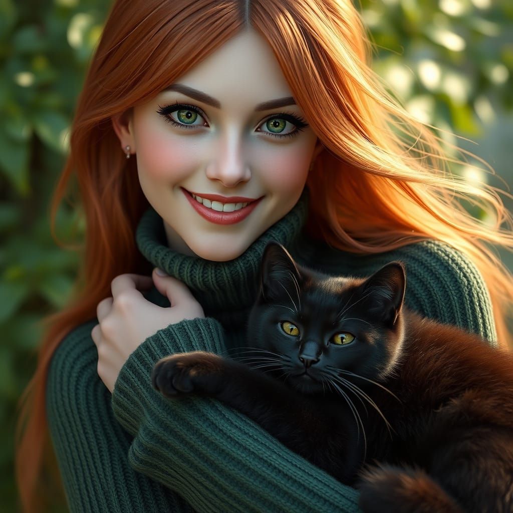 Gentle redhead and her black cat share a warm moment amidst ...