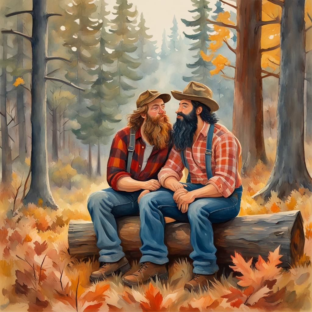 Lumberjacks Kissing in Autumn Woods as Gouache Painting