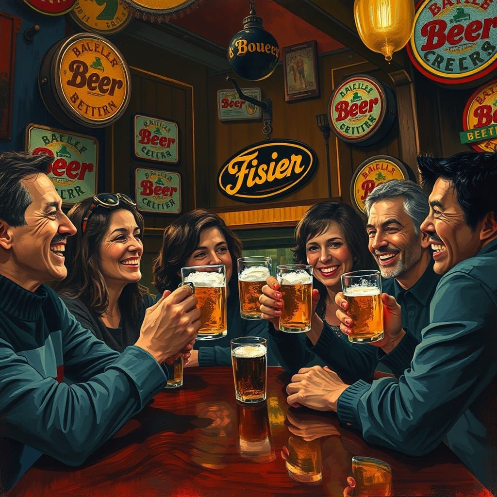 Friends Enjoying Drinks in an Impressionist Bar