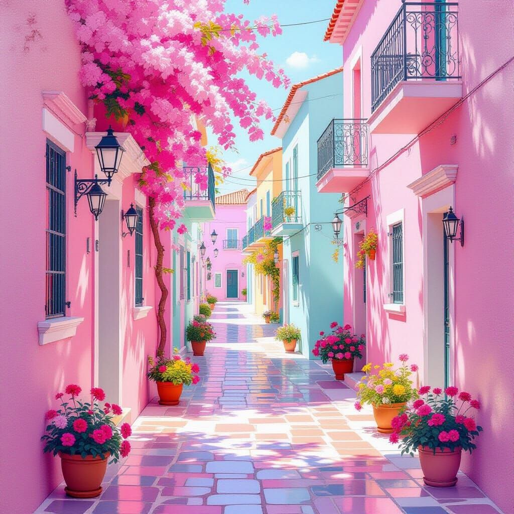 Pink Rococo Alleyway in Minimalist Neo-Pop Style